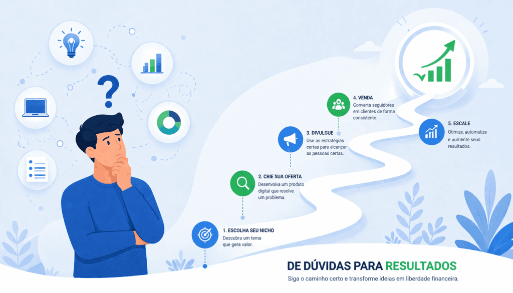 Ilustração mostrando o processo de transformar uma ideia em negócio online de forma estruturada e simples