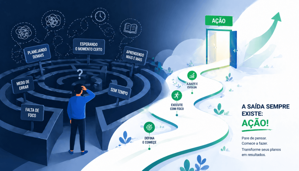 Pessoa presa em um ciclo de pensamento impedindo o início de um negócio online