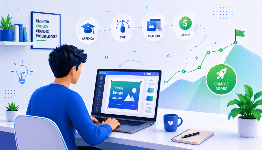 iniciante trabalhando no computador começando a ganhar dinheiro online com design digital