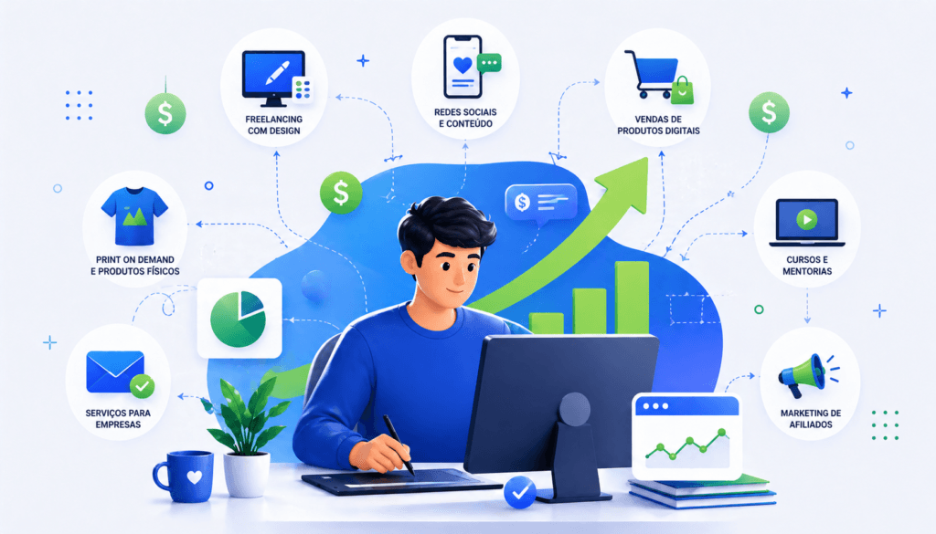 pessoa trabalhando online criando renda com design digital e internet