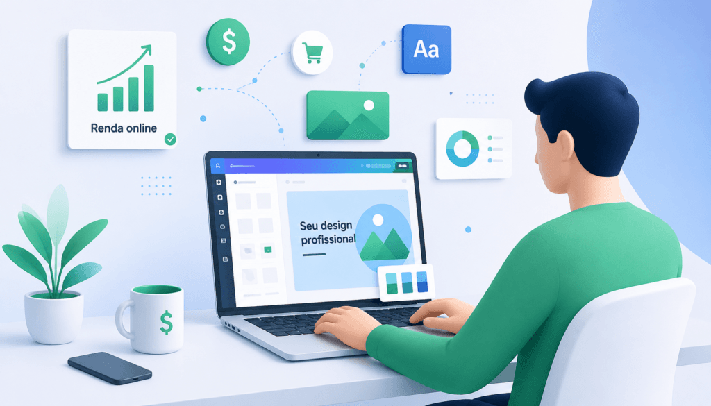 pessoa criando designs no computador para ganhar dinheiro online com Canva