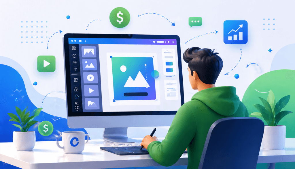pessoa criando design digital no computador usando ferramenta online para ganhar dinheiro com canva