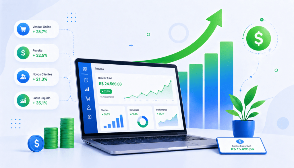crescimento de ganhos online com gráficos e trabalho digital no computador