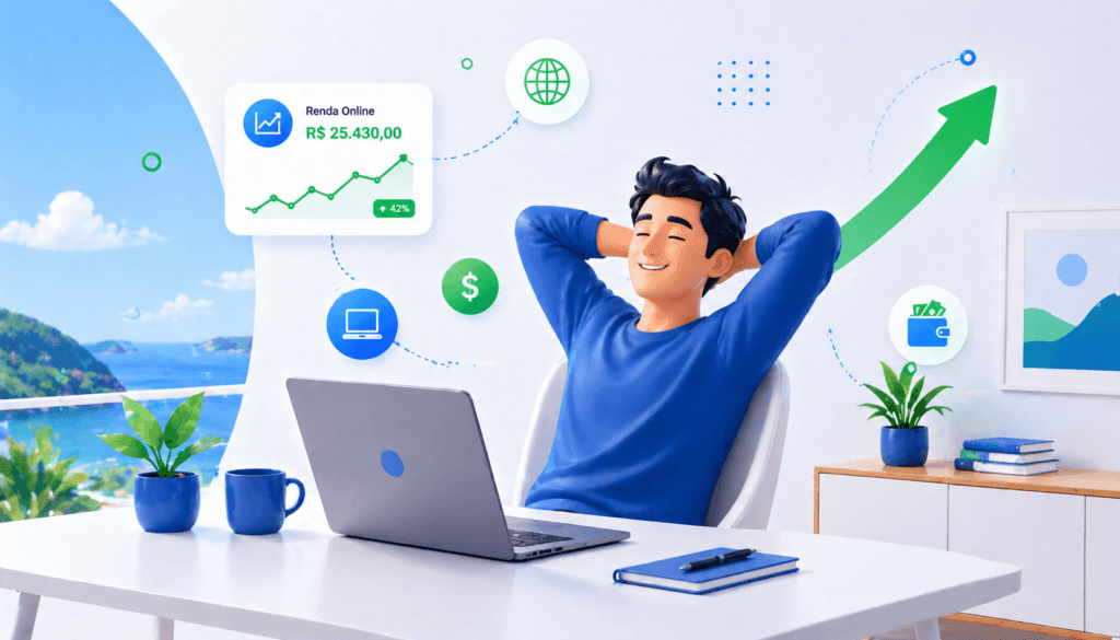 pessoa satisfeita trabalhando online com notebook em ambiente confortável