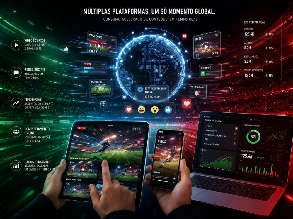 Estratégia de conteúdo e autoridade digital representadas por gráficos, conteúdo online e atmosfera inspirada em futebol internacional