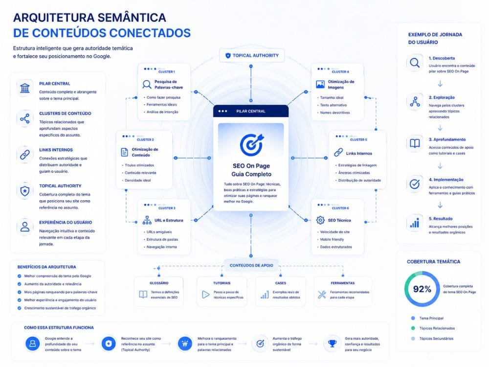 Backlinks contextuais conectando sites em estrutura semântica de SEO