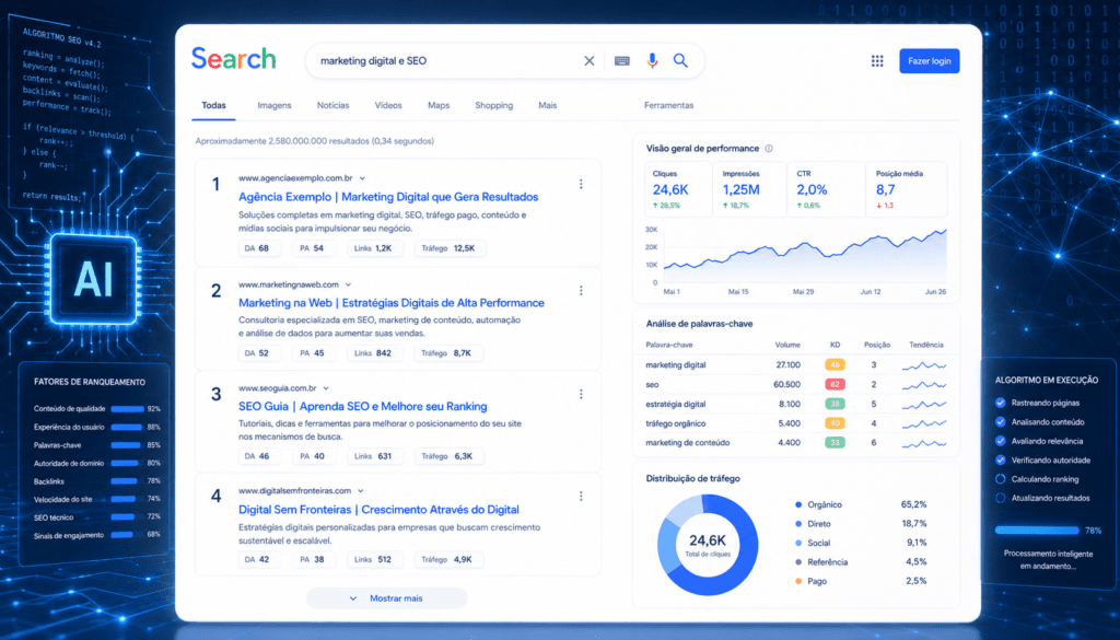 Funcionamento do SEO no Google com resultados de busca e ranking de sites