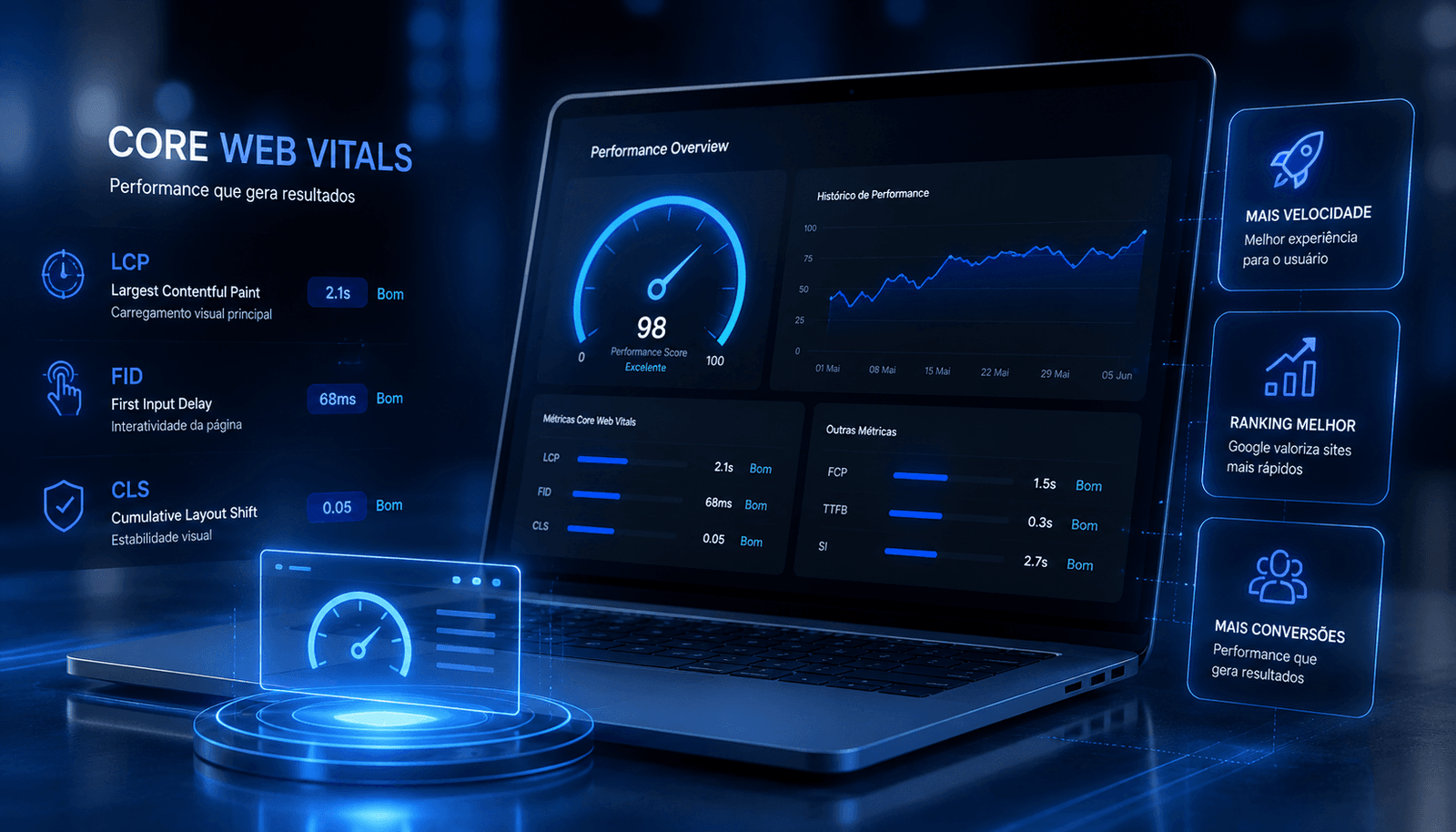 Core Web Vitals mostrando métricas de performance e experiência da página no Google