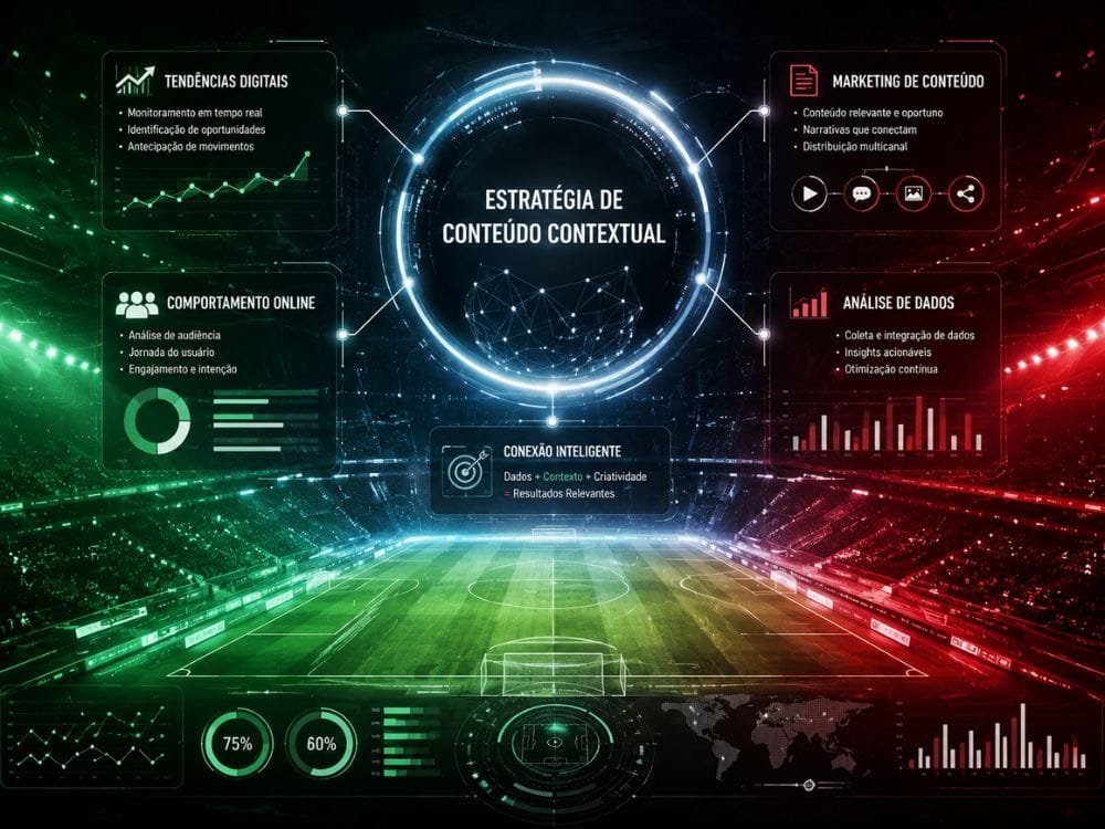 Ambiente digital acelerado com telas, gráficos e elementos esportivos representando disputa por atenção durante eventos globais