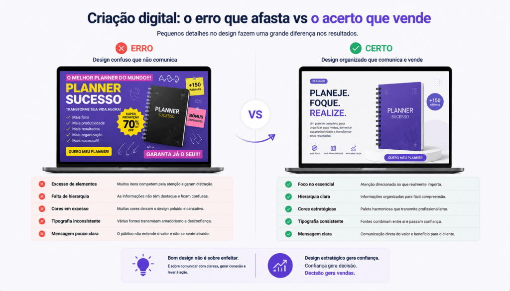 erros ao criar produtos digitais no canva design ruim vs bom