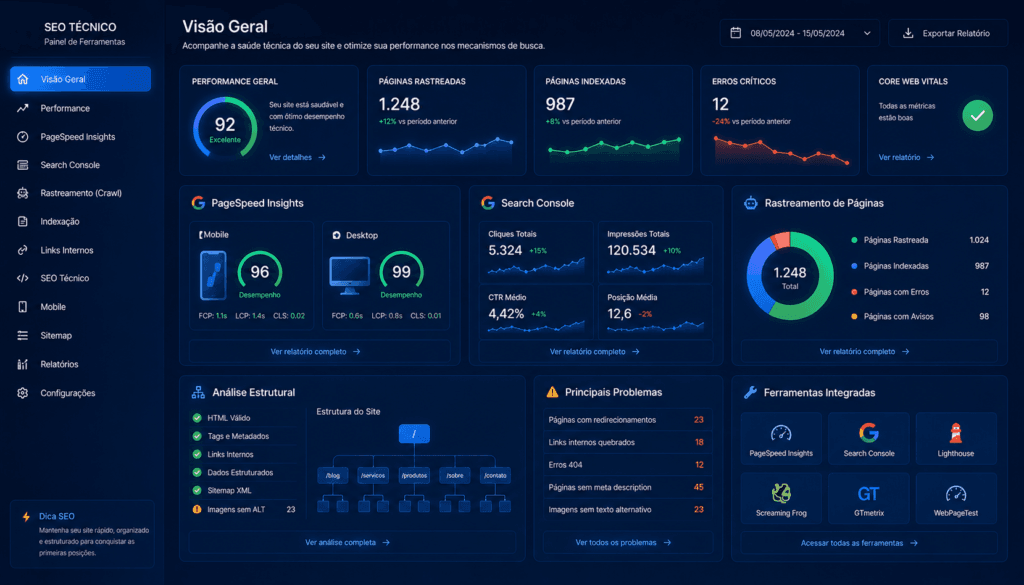 Ferramentas utilizadas para análise de SEO técnico e performance web