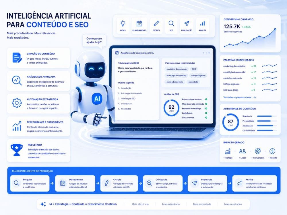 IA auxiliando estratégia de marketing de conteúdo e produtividade digital
