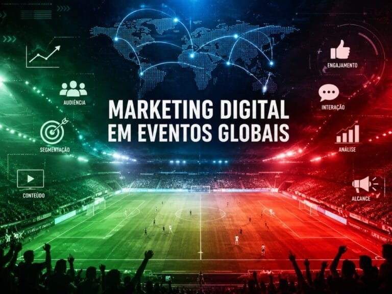 Campo de futebol moderno integrado com elementos de marketing digital durante a copa, gráficos de crescimento, análise de dados e ambiente tecnológico futurista