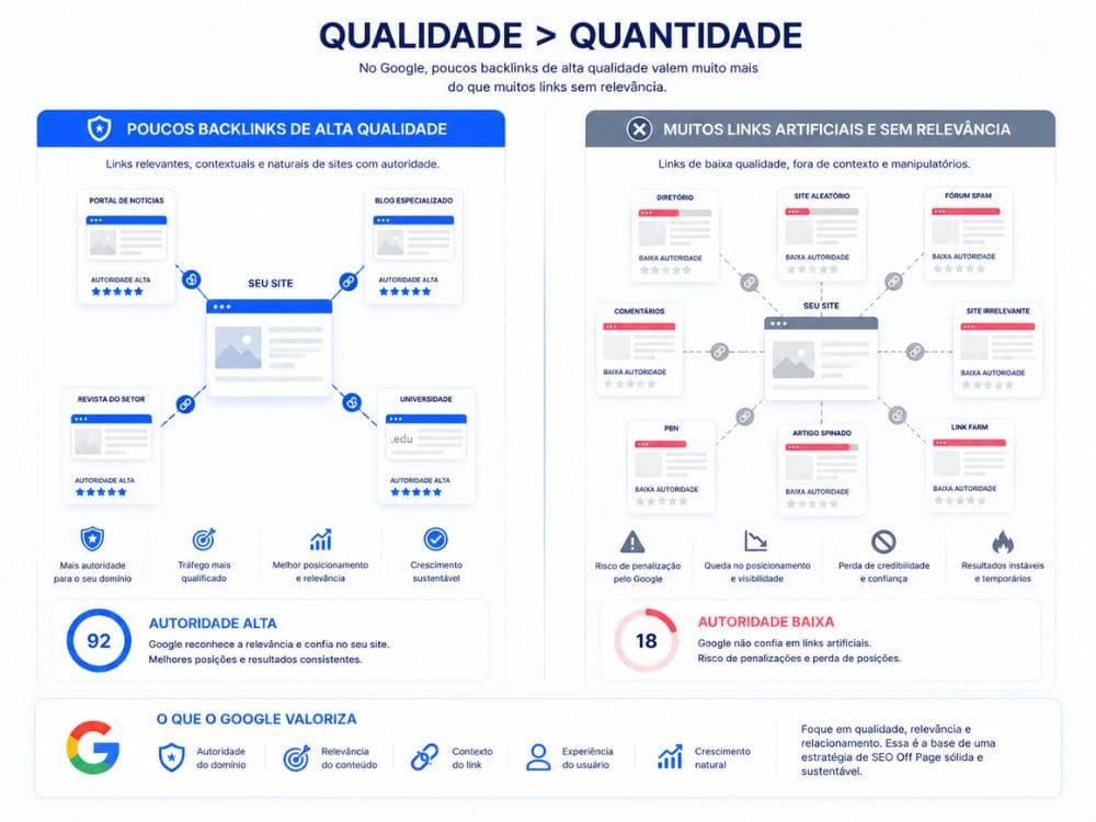 Comparação entre backlinks relevantes e links artificiais no SEO