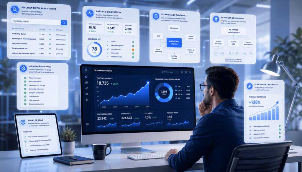 Fluxo de SEO na prática com análise de dados e estratégia digital