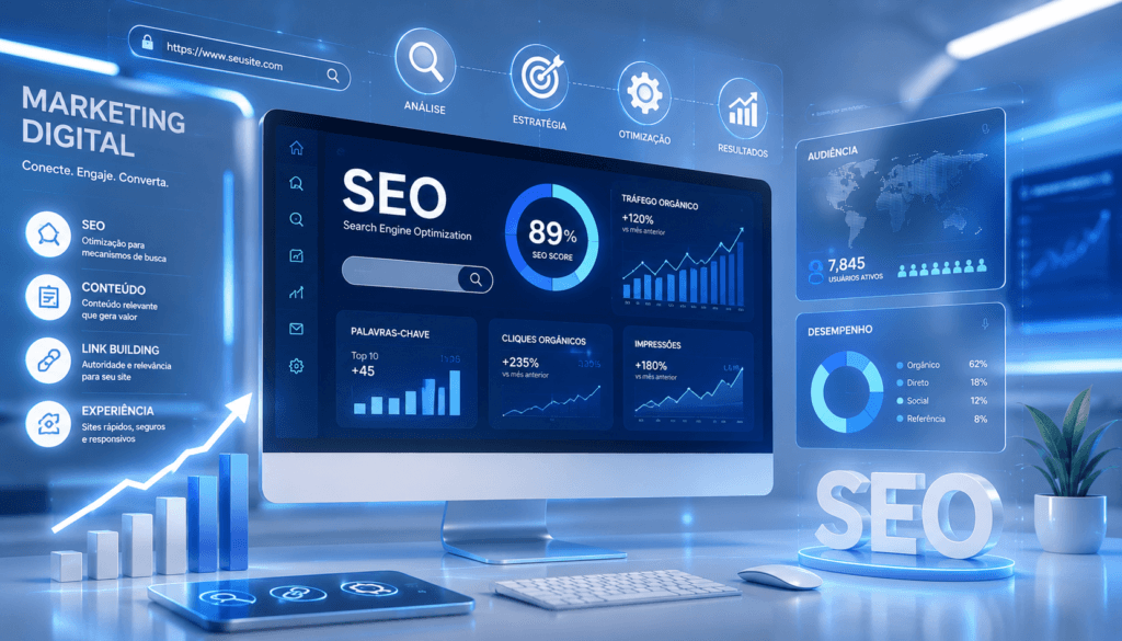 Conceito de SEO e marketing digital com gráficos de crescimento e busca no Google