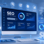 Conceito de SEO e marketing digital com gráficos de crescimento e busca no Google