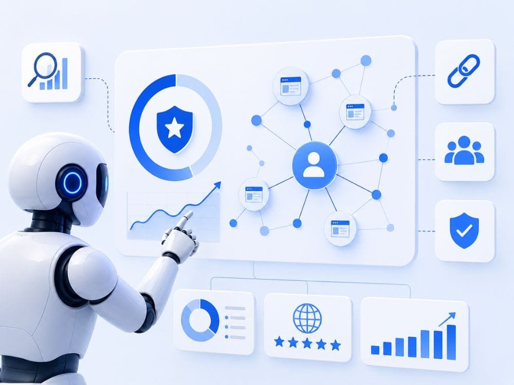 Inteligência artificial interpretando autoridade e backlinks no SEO moderno